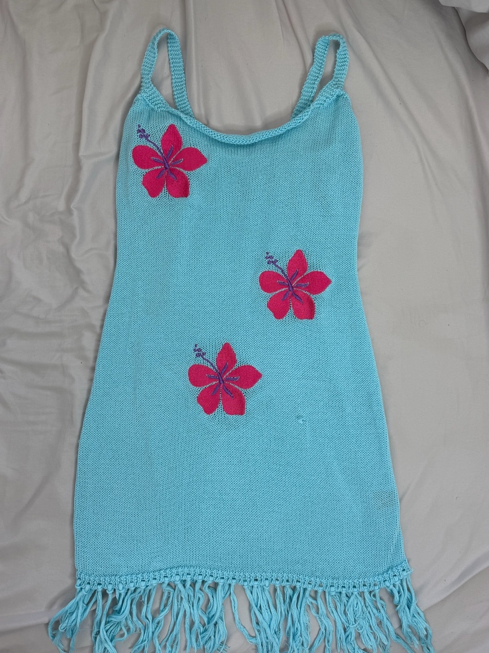 Blue Knit cover up dress with Pink Floral Appliqué